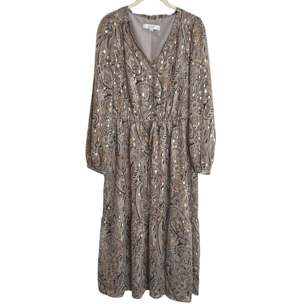 LOFT Shimmer Paisley Midi Dress Long Sleeve Lined LP Taupe Gold Foil V-Neck
